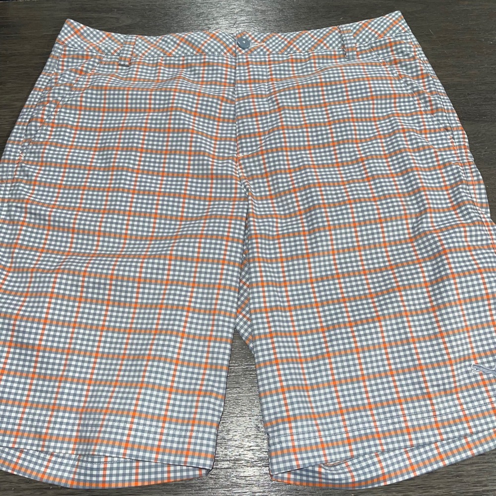 Puma Mens Sz 38 Orange Grey Plaid Golf Shorts Performance Stretch Checkered